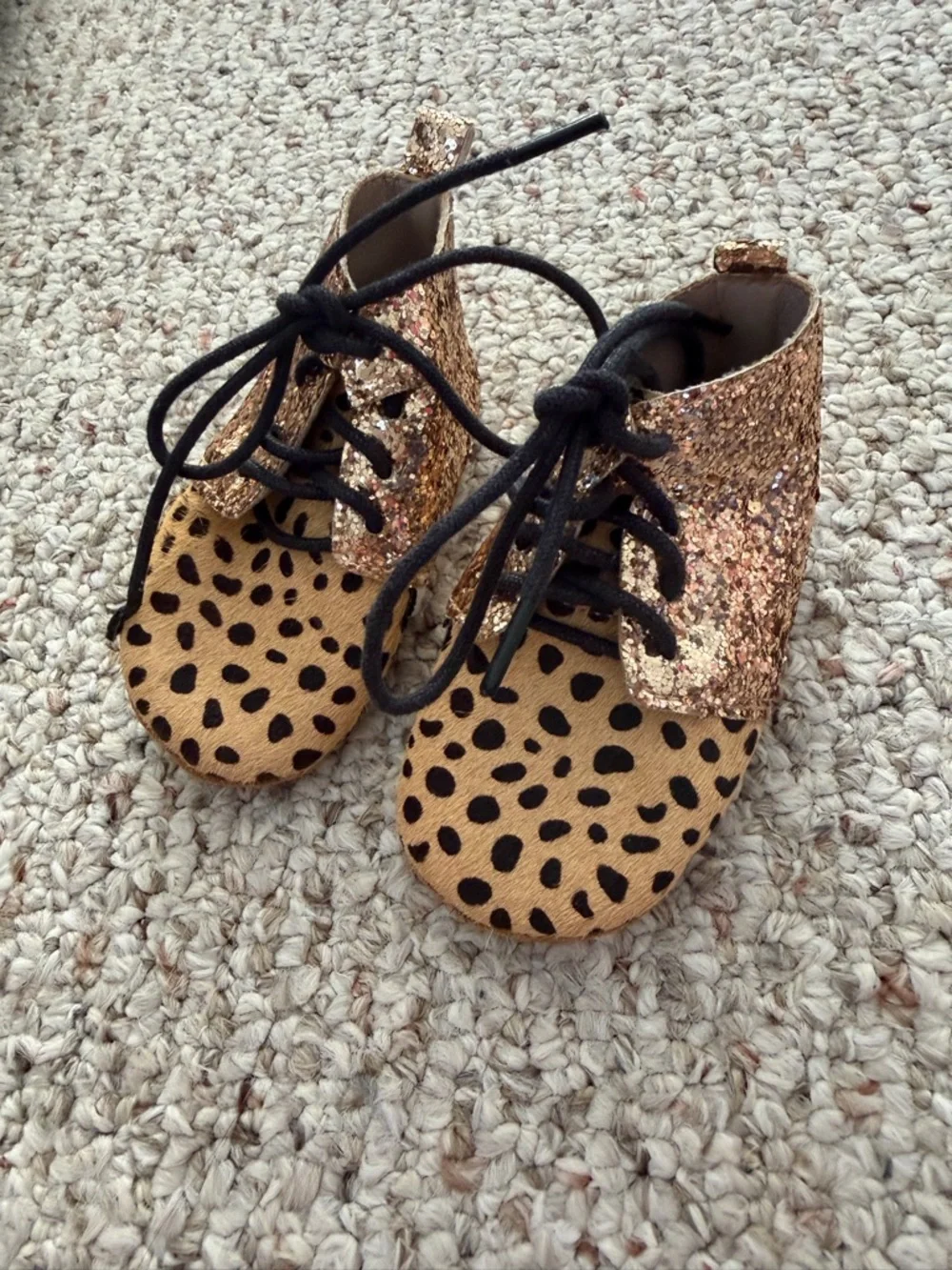Monkey Feet Gold Glitter and Leopard Print Suede Lace-Up Baby Walker Boots 7c